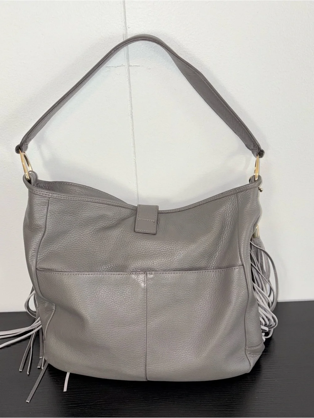 G.I.L.I. Genuine Leather Stirrup Fringe Hobo Shoulder Bag Gray Gold Hardware